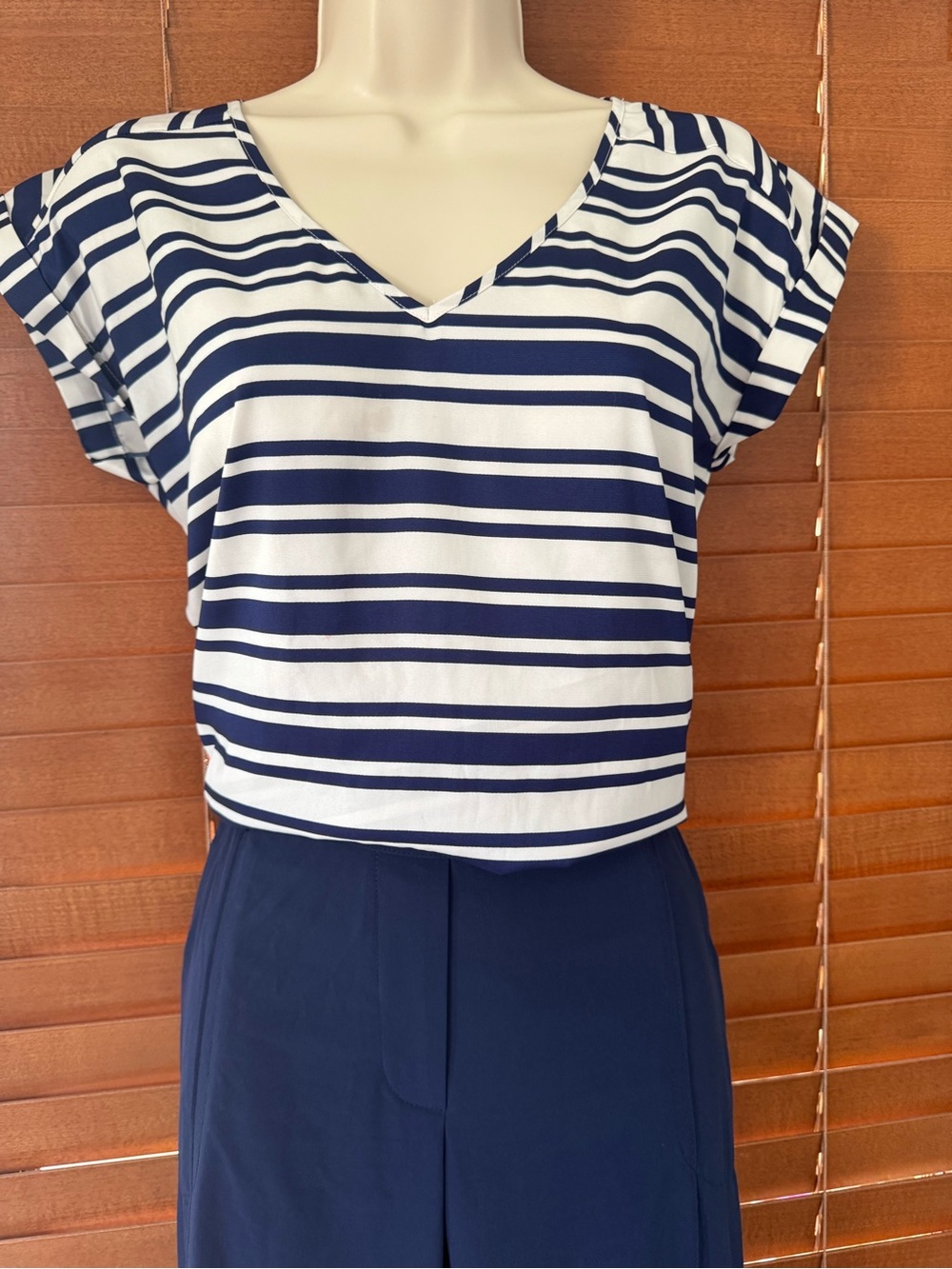 Express Navy and White Striped V-Neck Blouse